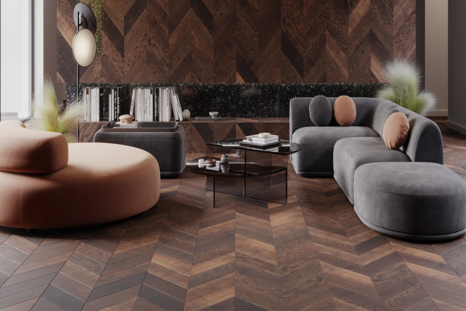 Elegancki salon z ciemną jodełką i miękkimi formami